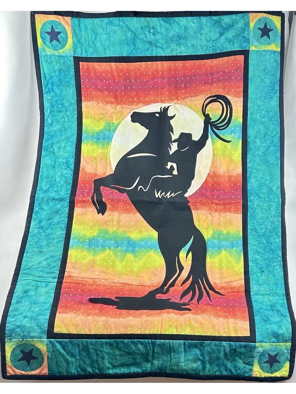 Handmade Horse Wall Hanging Appliqué Silhouette Rainbow Fabric 25" x 37" Quilt